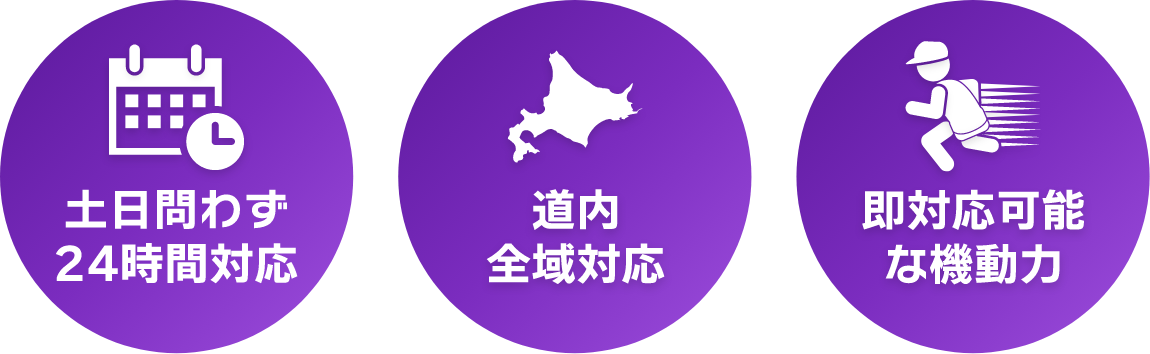 土日問わず24時間対応　道内全域対応　即対応可能な機動力